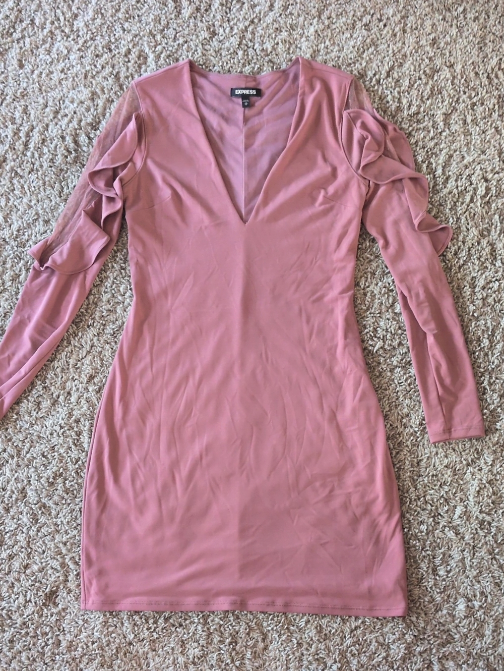 Express Rose Pink Long-Sleeve Ruffle Shoulder Bodycon Mini Dress